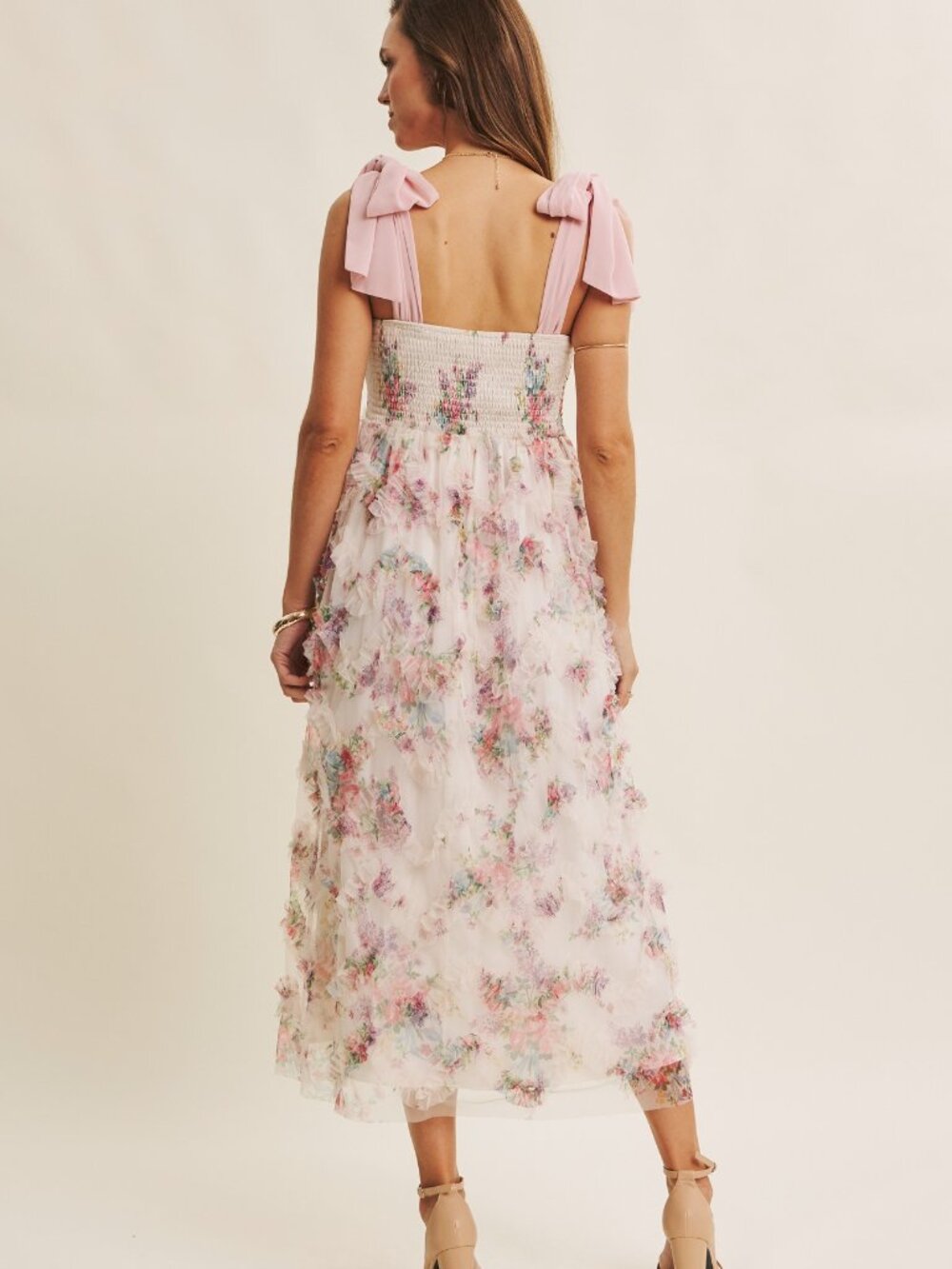 Textured Floral Smocked Midi Dress Tie Straps - Picture 11 of 11